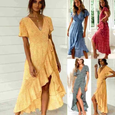 

Women Boho Floral Maxi Long Dress Summer Evening Party Beach Slit Spilt Sundress