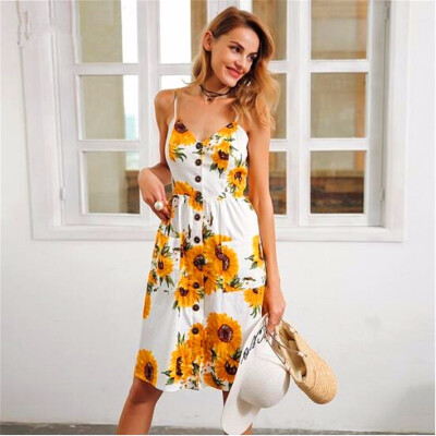 

Strap v neck summer dress women Sunflower print backless casual dress vestidos Smocking high waist midi dress female