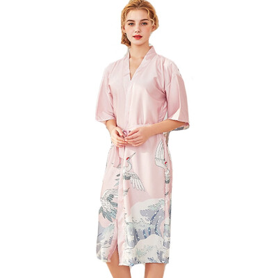 

Toponeto New Women Simulation Silk Pajamas Sexy Print Lingerie Bathrobe Bride Robe