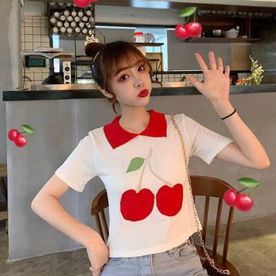 

Womens Sexy Turn-down Collar Knitted Cherry Print Top Tees