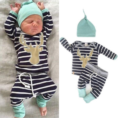 

Christmas Newborn Baby Boy Girl Long Sleeve Deer Tops Striped Long Pant Hat 3PCS Outfits Set Clothes