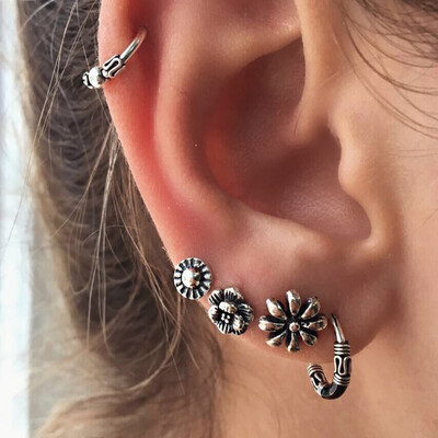 

5Pcs Vintage Punk Women Flower Carving Ear Studs Hoop Earrings Set Jewelry Gift