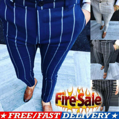 

US STOCK Mens England Retro Dress Pants Formal Plaid Stripe Pants Casual Trouser