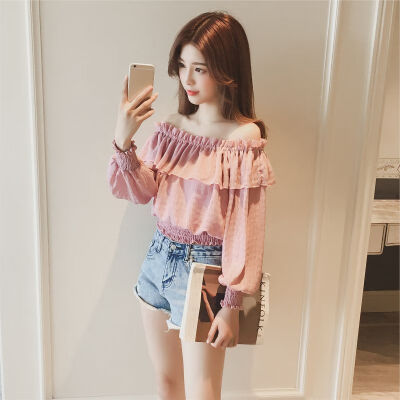 

Women Sexy One Word Collar Chiffon Tops Slim Solid Color Ruffled Long Sleeve Female Ladies T-shirt Elastic Waist Tops