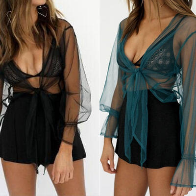 

Women Girls Long Sleeve Transparent Mesh Sheer Crop Top T-Shirt Blouse Tee Tops