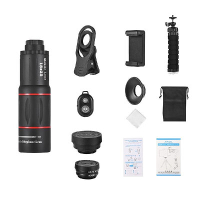 

APEXEL APL-T18XBZJ5 Telephoto 4 in 1 Cellphone Lens Universal Kit 18X Mobile Phone Telephoto Lens 198° Fisheye Lens 063X Wide Ang