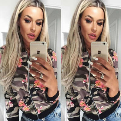 

Fashion Womens Ladies Retro Floral Zipper Up Bomber Jacket Casual Coat Outwear