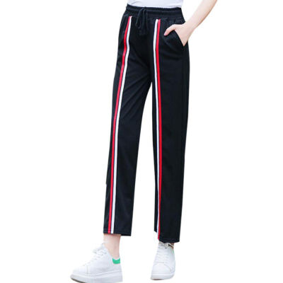 

Women Striped Straight Sports Casual pants Loose High Elastic Waist Women Trouser Wide Leg Cropped Casual Female Trousers