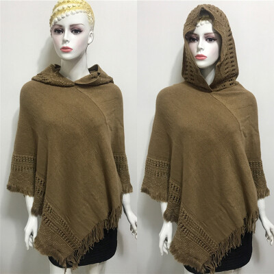 

Women Cloak Hood Knit Batwing Coat Tops Poncho With Cape Tassel Outwear Tops