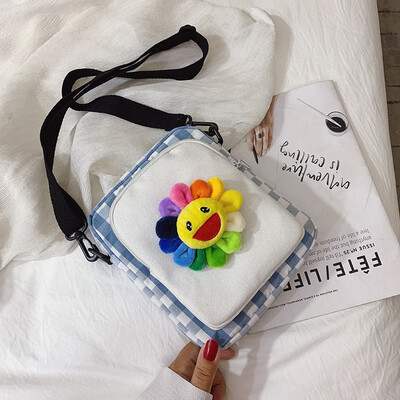 

Canvas bag girl summer ins weather day girl plaid cartoon girl single shoulder oblique satchel