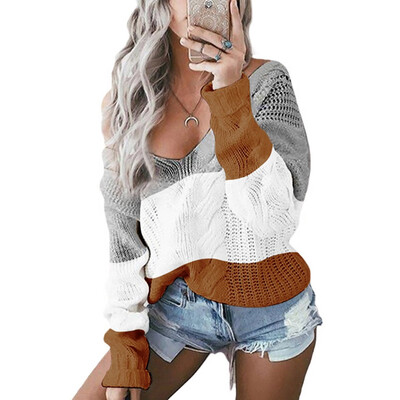 

〖Follure〗Women Casual V-Neck Pullover long Sleeve Patchwork Loose Knitted Sweater Tops