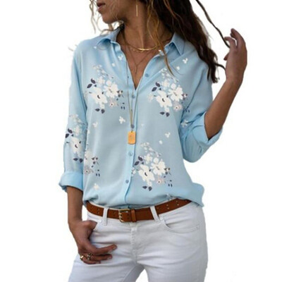 

Womens Floral Print Turn-down Collar Casual Long Sleeve Blouse