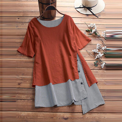

Starmoon Womens Casual Button Splice Linen Blouse Short Sleeve Shirt Lattice Loose Tops
