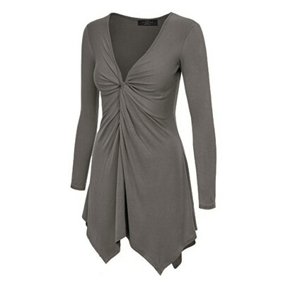 

Autumn Women Sexy Solid Color V-Neck Plus Size Pleated Long-Sleeved Irregular Hem T-Shirt