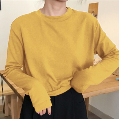 

Women Autumn T-shirt O-Neck Long Sleeve Loose T-shirt Short Tops Winter Female Plus Size Harajuku Solid Color Shirt