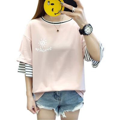 

Korean Half Sleeve T Shirt Women Hip Hop Punk Holes Streetwear Girls Fake 2-Pieces Tshirt Striped Tee Shirts