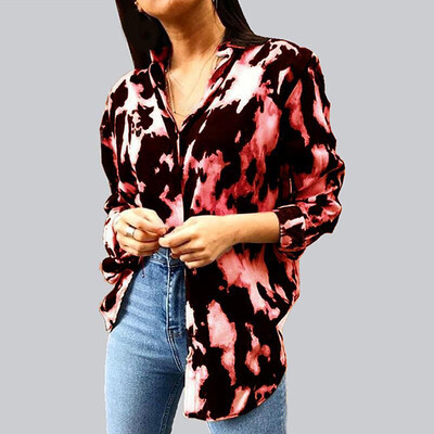 

Women Casual Autumn Printed Blouse Lapel Collar Loose Long Sleeve Plus Size Tops