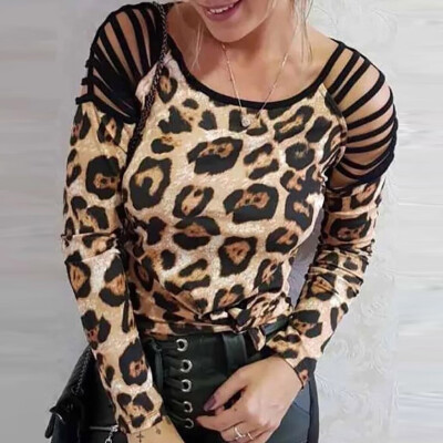 

Tailored Women Fashion O-Neck Leopard Print Long Sleeve Shirt Strapless Top Blouse