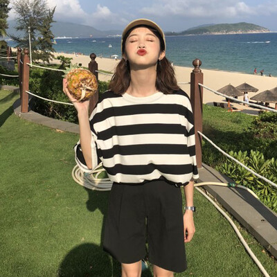 

Korean Loose Round Neck Striped Casual Half Sleeve T-shirt