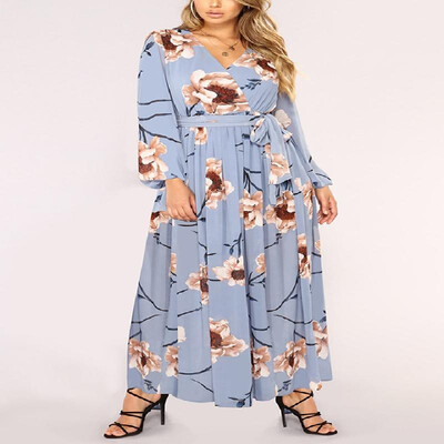 

V-neck Floral Printed Bishop Long Sleeve Strappy Hem Maxi Dress