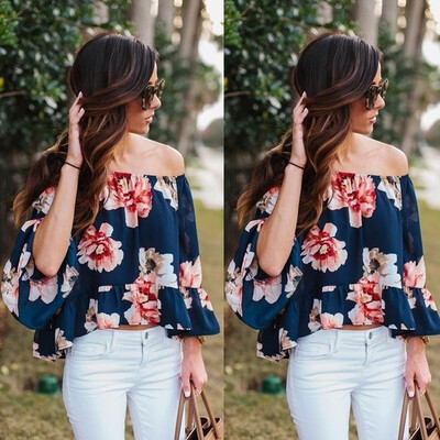 

New Sexy Womens Summer Long Sleeve Slash Neck Top Floral Print Loose Blouse Casual Tops Shirt