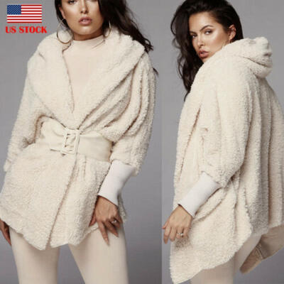 

US New 2PCS Women Cardigan Sweater Autumn Winter Plush Sweater Loose Hooded Coat