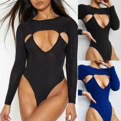 

Women Lady Long Sleeve Short Romper Jumpsuit Stretch Bodysuit Leotard Top Blouse