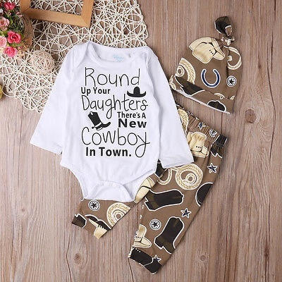 

3PCS Cowboy Newborn Baby Boy Long Sleeve Bodysuit Jumpsuit Playsuit Long Pants Hat Outfits Clothes Set