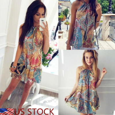 

US Women Summer Dress Beachwear Vest Tops Boho Printed Mini Sun Dress Clothes