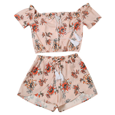 

Off The Shoulder Short Sleeve Floral Print Women Two-piece Set