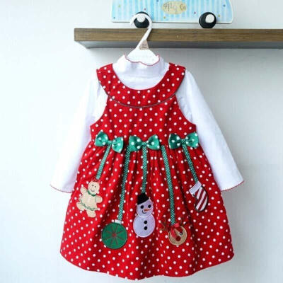 

2015 Christmas Outfits Girls Kids Polka-dot Outfits 2pcs DressWhite Tops Blouse Sets 2-7Y