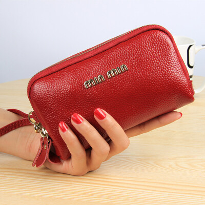 

2019 new cowhide leather European&American fashion mobile phone bag double zipper ladies clutch bag purse handbag