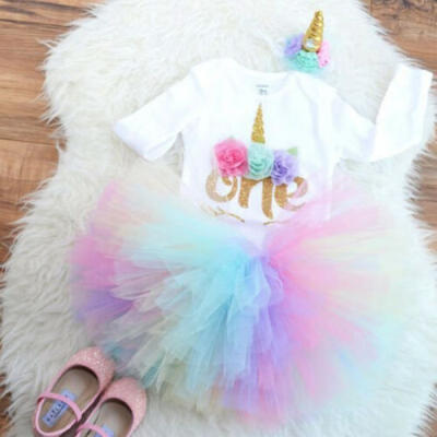 

US Newborn Baby Girl 1st Birthday Unicorn Romper Rainbow Tulle Skirt 3PCS Outfit