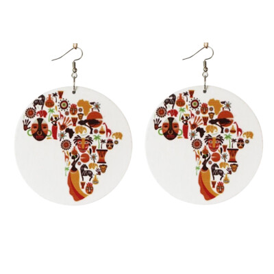 

Colorful Women Wooden African Map Hook Earrings Round Pendant Jewelry Charm