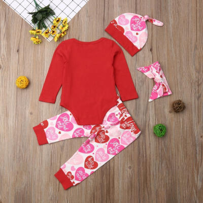 

Toddler Baby Girls Cute Soft Long Sleeve Tops Romper Floral Pants Headwear Hats 4PCS Outfits Set