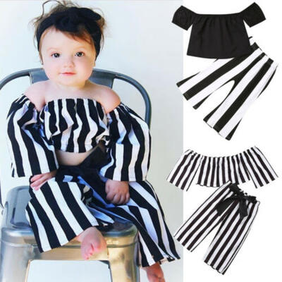 

US Stock Kids Baby Girl Striped Off Shoulder Tops Long Pants Outfits Set Clothes