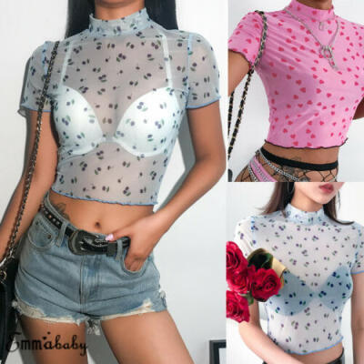 

Women Crop Top Sexy Mesh Printing Short Sleeve Heart print Slim Fashion Top