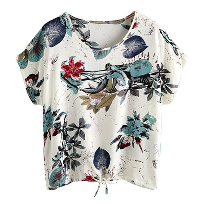 

Nomeni Womens V-Neck Florals Dolman Drawstring Short Sleeve Strappy Print Tops Blouse