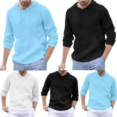 

Mens Long Sleeve Linen Hoodie Shirts Casual Shirts Breathable Soft O-Neck Tops