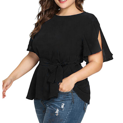 

Starmoon Womens Solid Plus Size Short Sleeve Shirt Belted Knot Blouse Tops