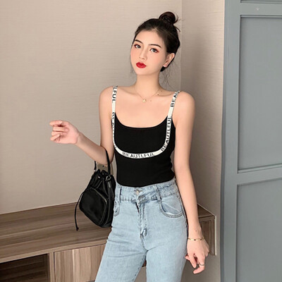 

Camisole Womens Leaky Shoulder Letter Print Fashion Personality Beach Wind Knitting Material Comfortable Breathable