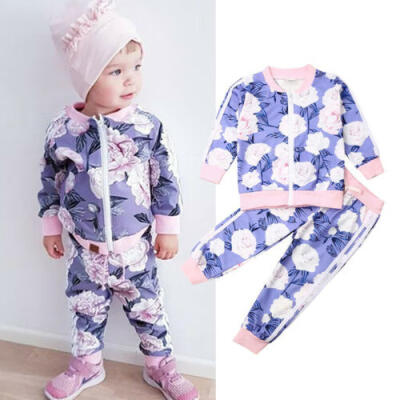 

US Kid Baby Girl Floral 2PCS Outfit Clothes Zipper Top Sweatshirt Pants Trousers