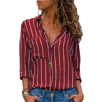 

Womens Lapel Long Sleeve Tops Casual Stripe Print Blouse Business T-shirt