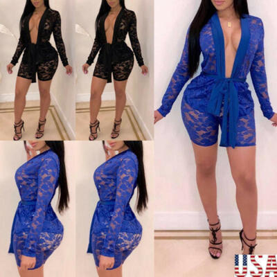 

Sexy Women 2 Piece Hollow Mesh Crop Top Shorts Set Jumpsuit Romper Long Sleeve