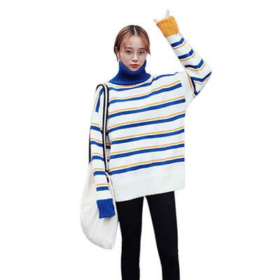 

Women High Collar Striped Pullover Casual Knitting Sweaters Pullover Long Sleeve Casual Loose Tops