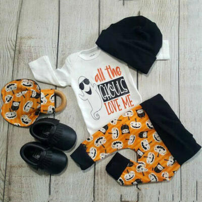 

3PCS Newborn Baby Boy Girl Halloween Clothes Romper Bodysuit Pants Hat Outfits