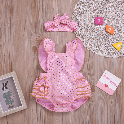 

Newborn Kids Baby Girls Outfits Clothes Dot Ruffles Romper BodysuitHeadband Set