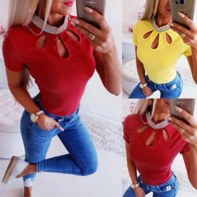 

Womens Ladies Short Sleeve Crop Top T-Shirt Vest Round Neck Stretch Plain