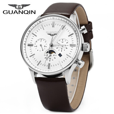 

GUANQIN Men Leather Quartz Watch with Calendar Display Moving Three Sub-dials