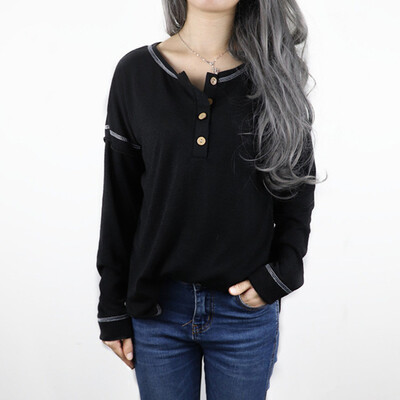 

Nomeni Women Solid O-Neck Casual Button Long Sleevet Tunic Tops Blouse T-Shirt